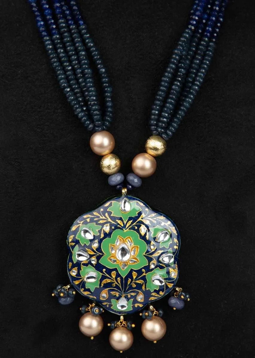 Grey and indigo blue shaded multi string necklace with semi precious stone pendant