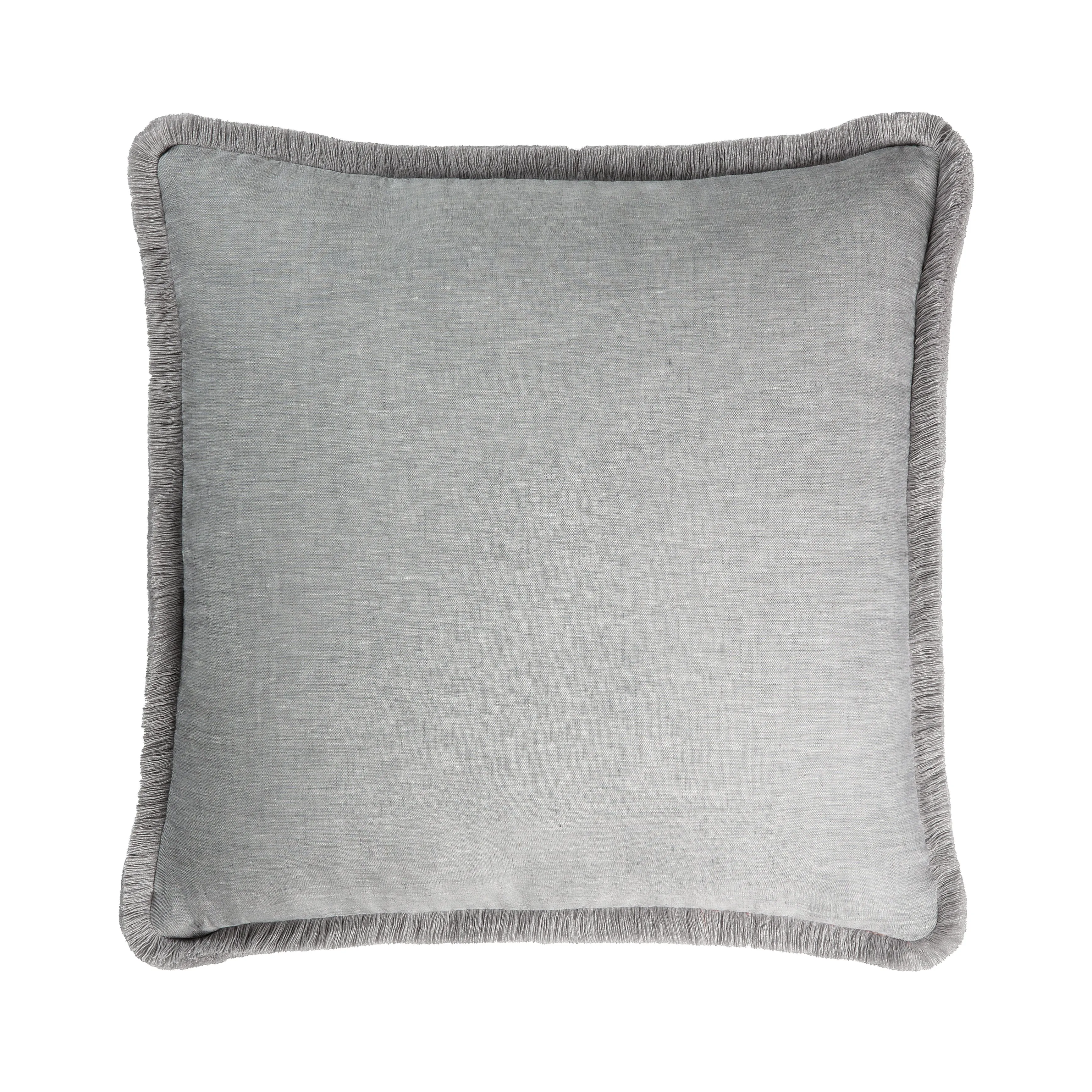 HAPPY LINEN PILLOW | GREY WITH GREY FRINGES SOFT LINEN CUSHION WITH COTTON FRINGES