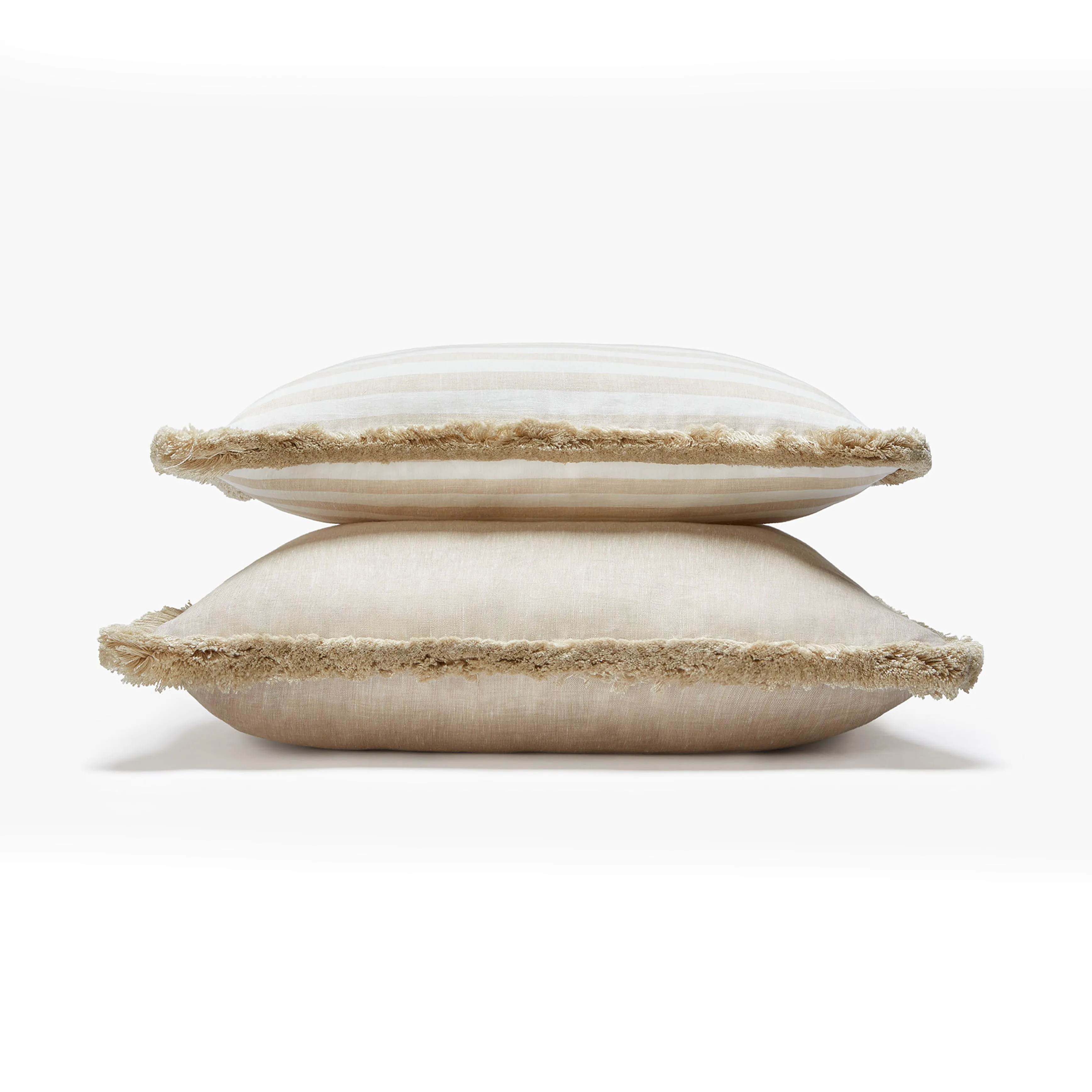 HAPPY LINEN PILLOW | STRIPED WHITE WITH BEIGE FRINGES                                                                                                 SOFT LINEN CUSHION WITH COTTON FRINGES