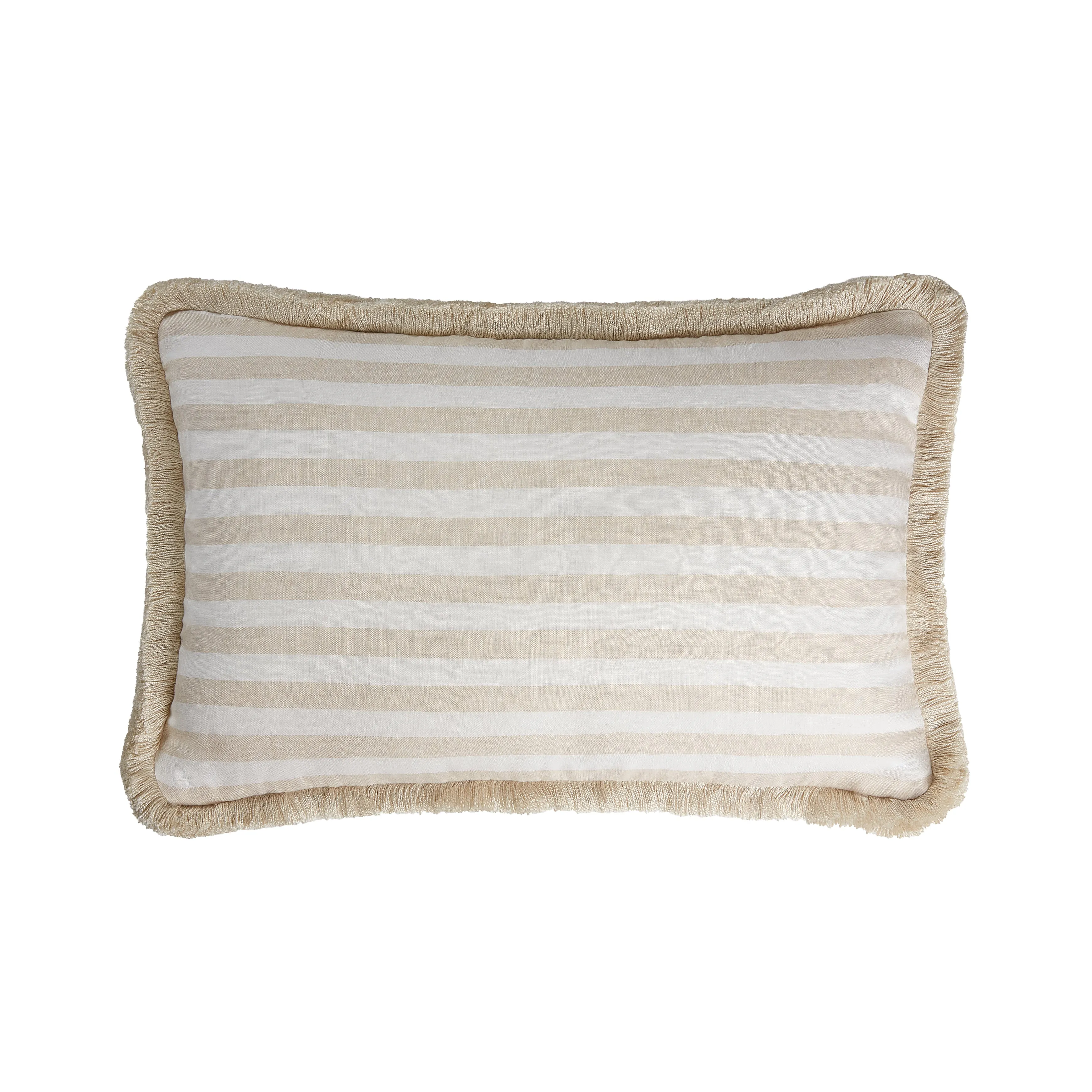 HAPPY LINEN PILLOW | STRIPED WHITE WITH BEIGE FRINGES                                                                                                 SOFT LINEN CUSHION WITH COTTON FRINGES