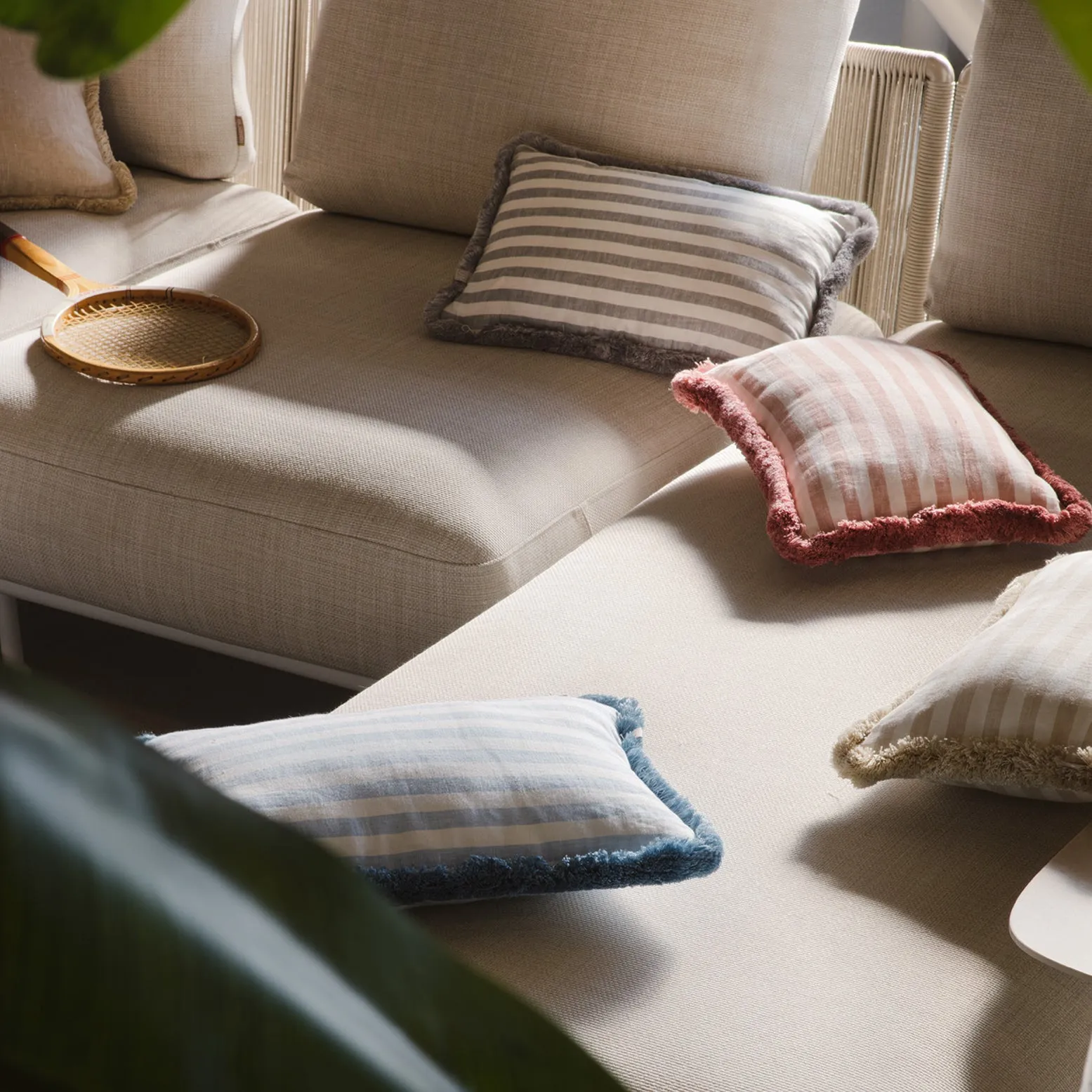 HAPPY LINEN PILLOW | STRIPED WHITE WITH BEIGE FRINGES                                                                                                 SOFT LINEN CUSHION WITH COTTON FRINGES