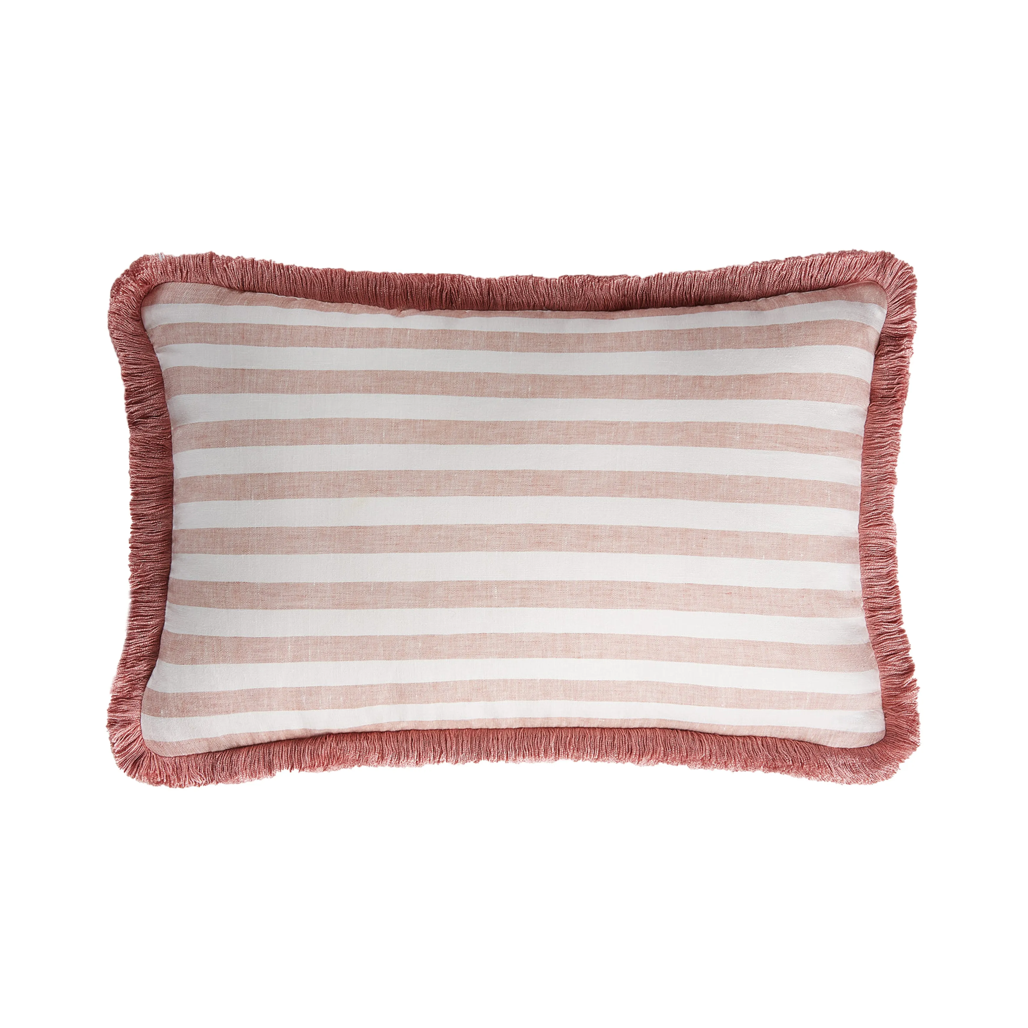 HAPPY LINEN PILLOW | STRIPED WHITE WITH LIGHT PINK FRINGES SOFT LINEN CUSHION WITH COTTON FRINGES