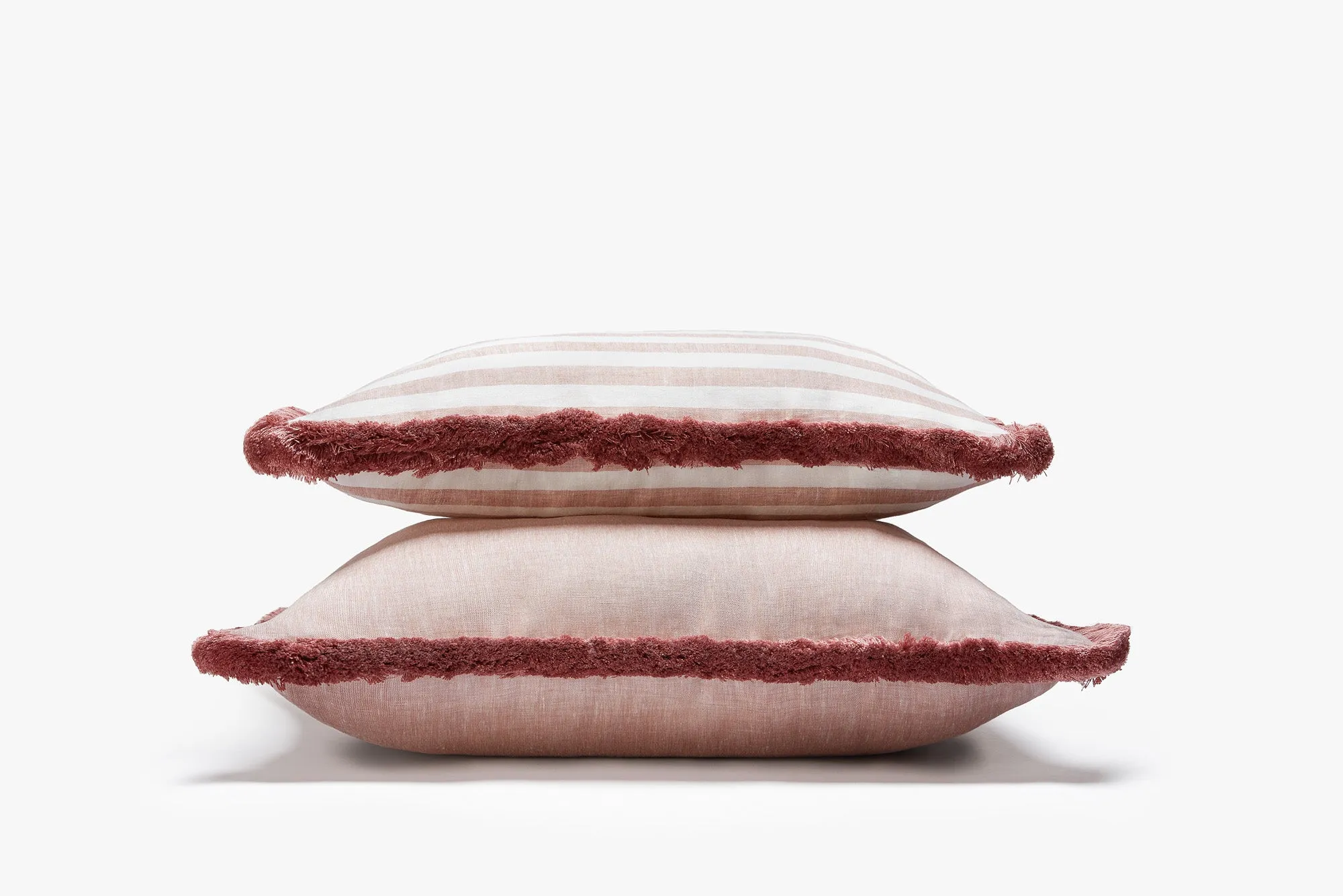 HAPPY LINEN PILLOW | STRIPED WHITE WITH LIGHT PINK FRINGES SOFT LINEN CUSHION WITH COTTON FRINGES