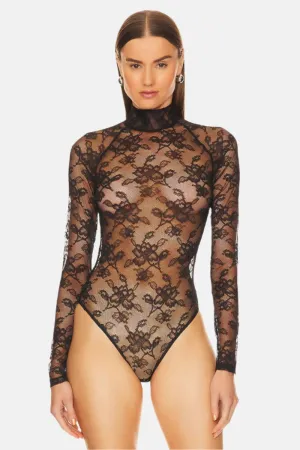 High Neck Lace Bodysuit in Black