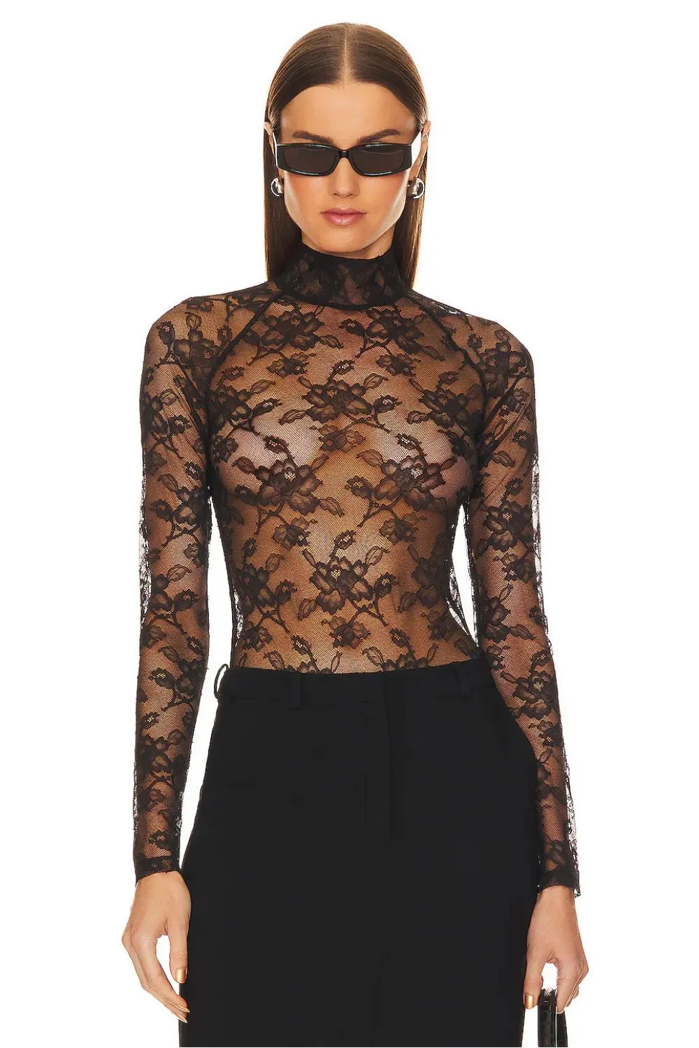 High Neck Lace Bodysuit in Black