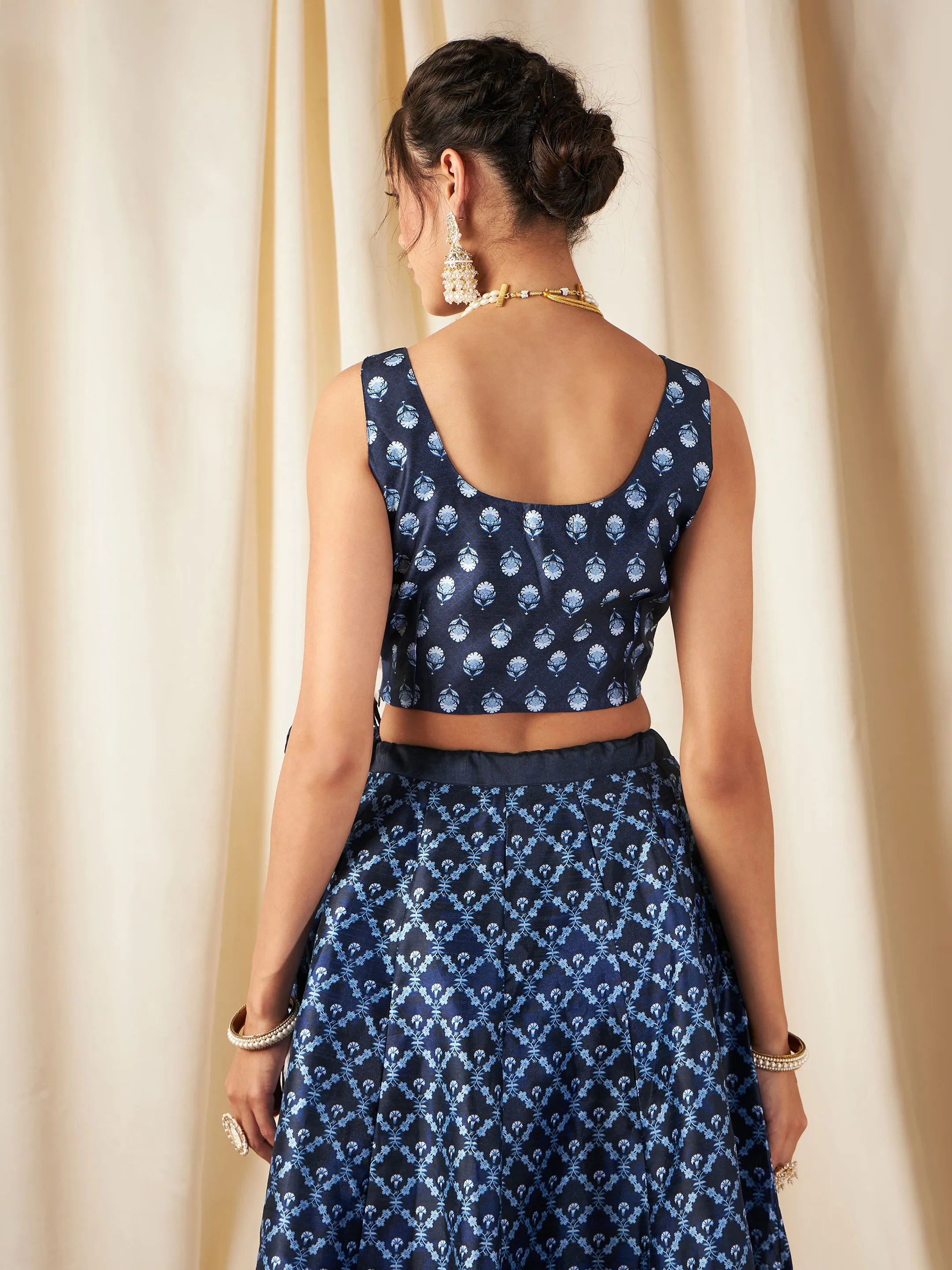 Indigo Booti Floral Sleeveless Crop Top