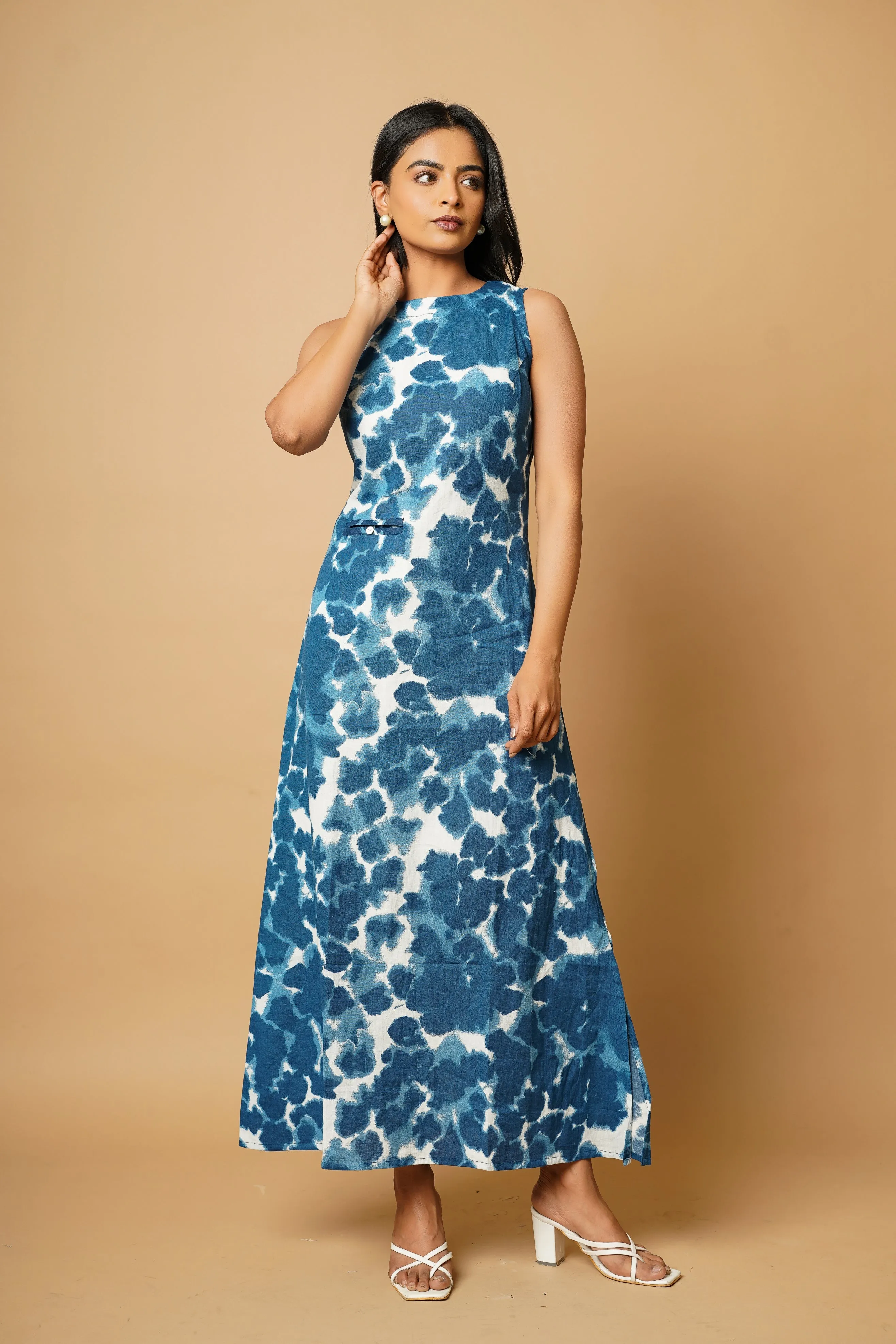 Indigo Cut Sleeves Long Dress