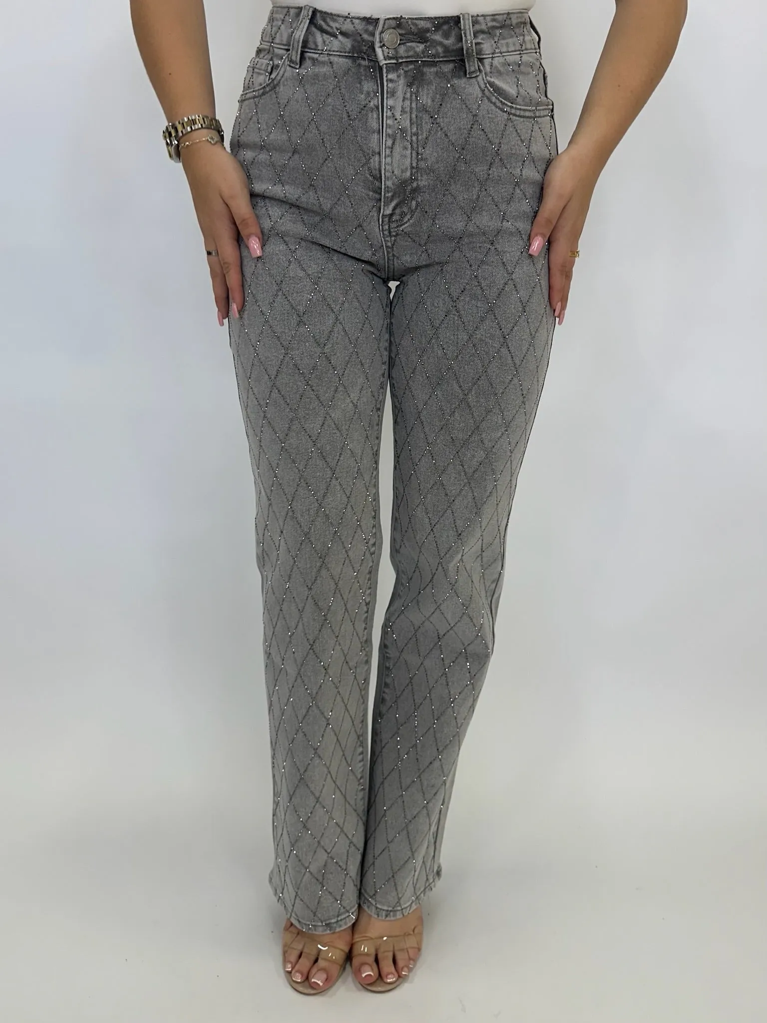 Jemma grey crystal straight leg stretch jeans