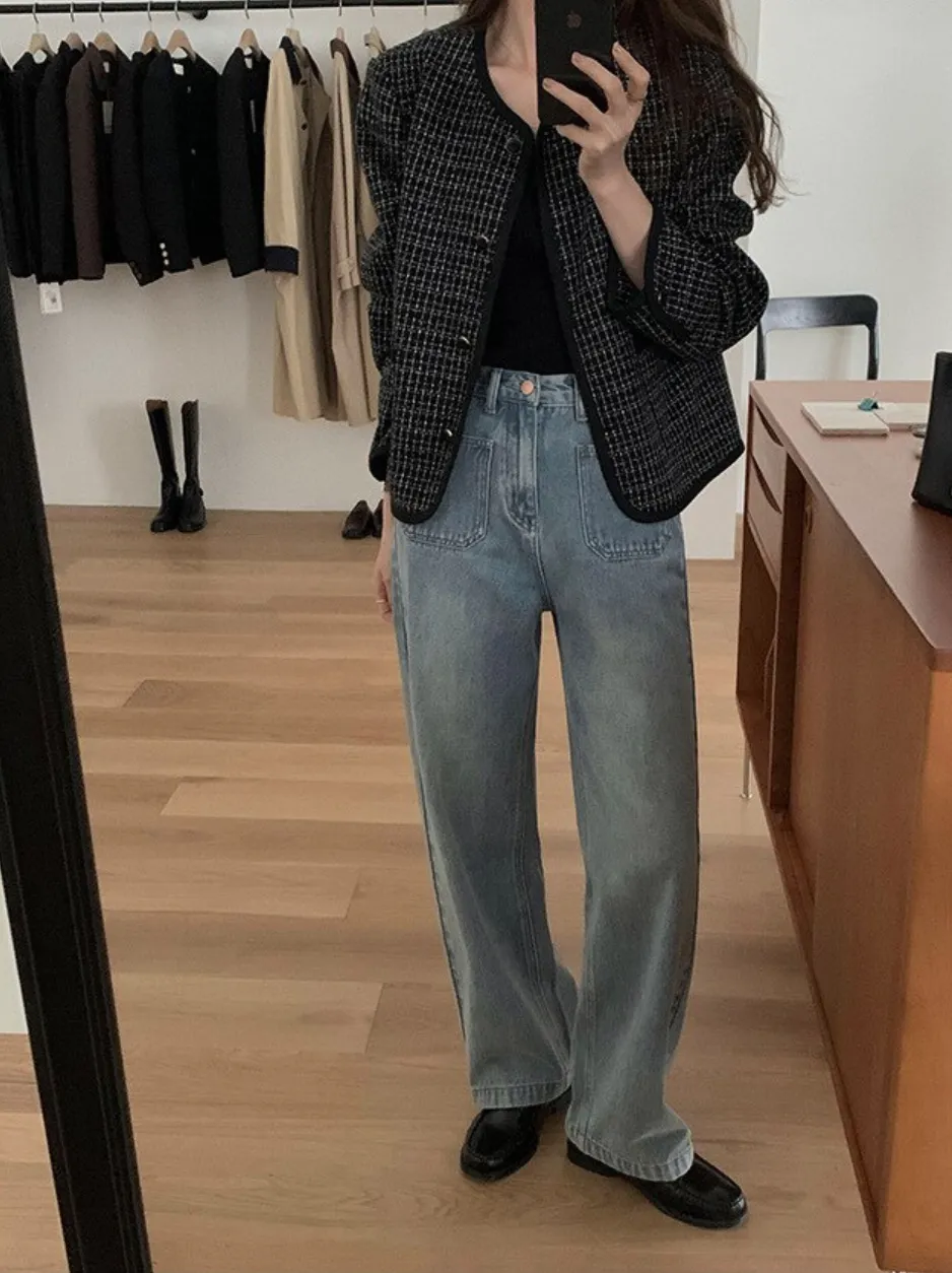 [Korean Style] High Quality Retro High Rise 100% Cotton Straight Leg Jeans