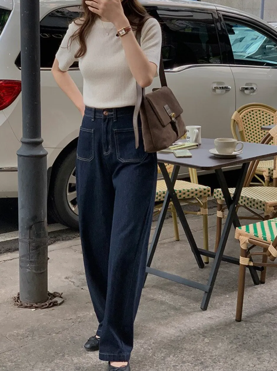 [Korean Style] High Quality Retro High Rise 100% Cotton Straight Leg Jeans