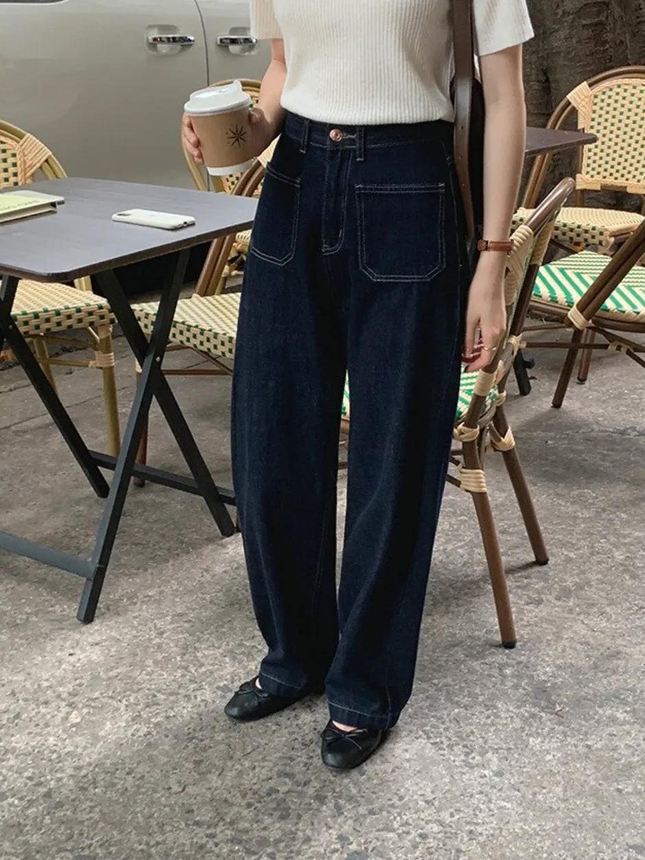 [Korean Style] High Quality Retro High Rise 100% Cotton Straight Leg Jeans