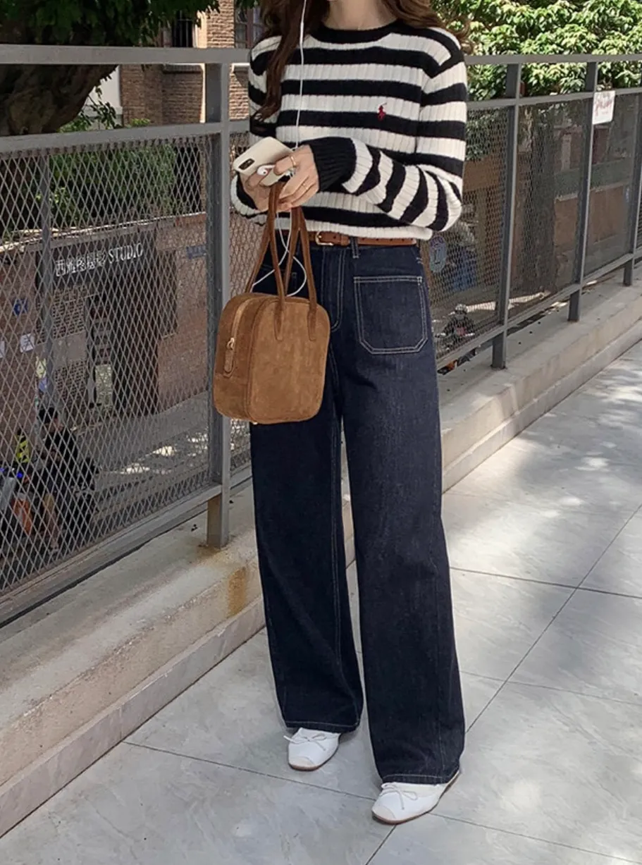 [Korean Style] High Quality Retro High Rise 100% Cotton Straight Leg Jeans