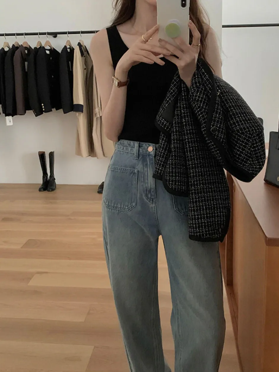 [Korean Style] High Quality Retro High Rise 100% Cotton Straight Leg Jeans