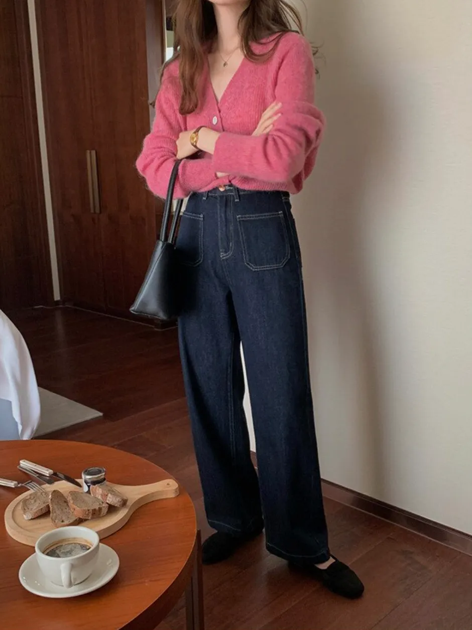 [Korean Style] High Quality Retro High Rise 100% Cotton Straight Leg Jeans