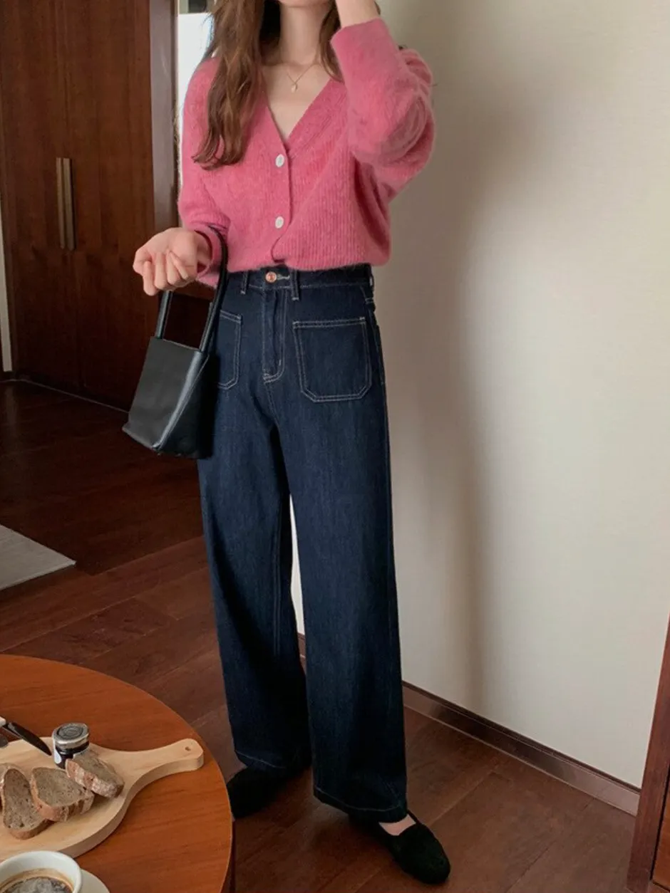 [Korean Style] High Quality Retro High Rise 100% Cotton Straight Leg Jeans