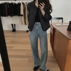 [Korean Style] High Quality Retro High Rise 100% Cotton Straight Leg Jeans