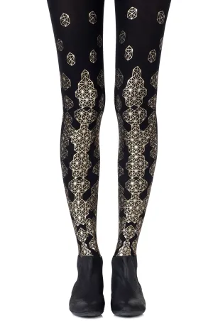 Ladies Elegant Metallic Gold Honeycomb Print 120 Denier Opaque Black Tights