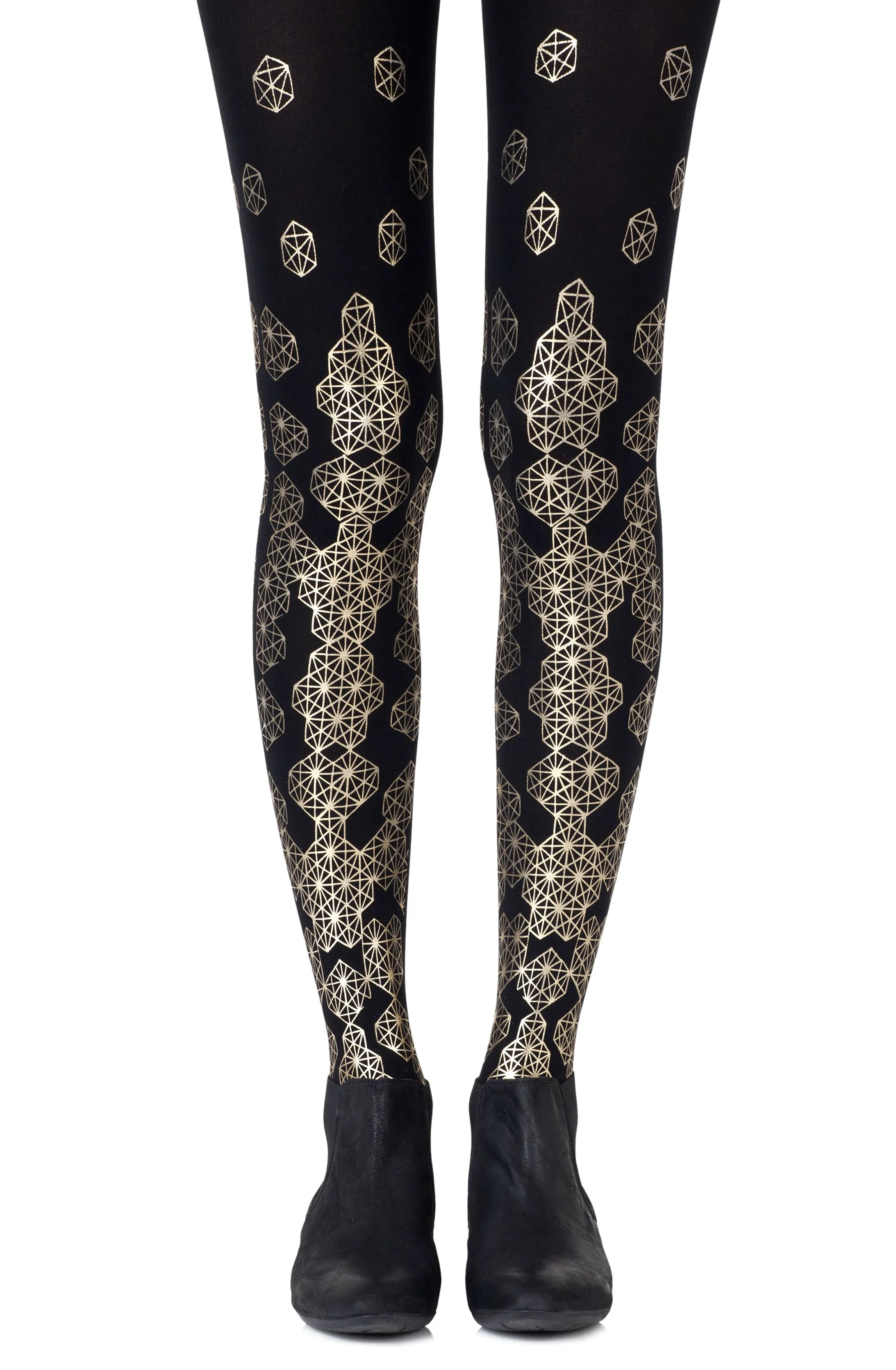 Ladies Elegant Metallic Gold Honeycomb Print 120 Denier Opaque Black Tights