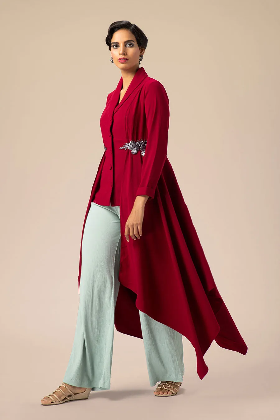 Maroon Crystalline High Low Drape Tunic