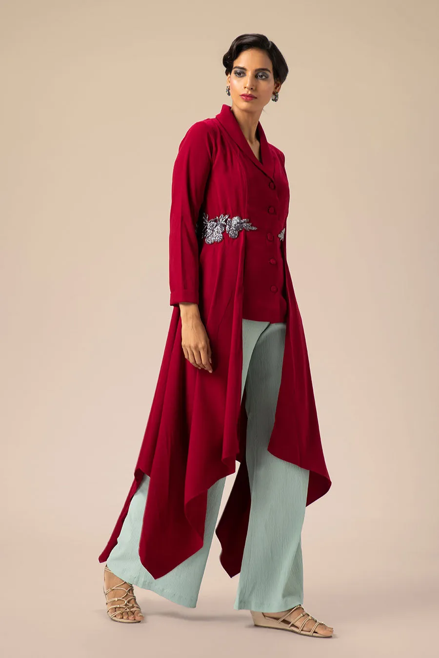 Maroon Crystalline High Low Drape Tunic