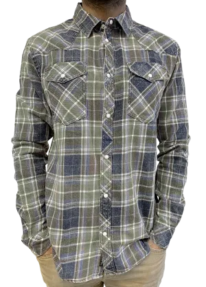 MEN’S ACID WASHED INDIGO PLAID SHIRT IN OLIVE