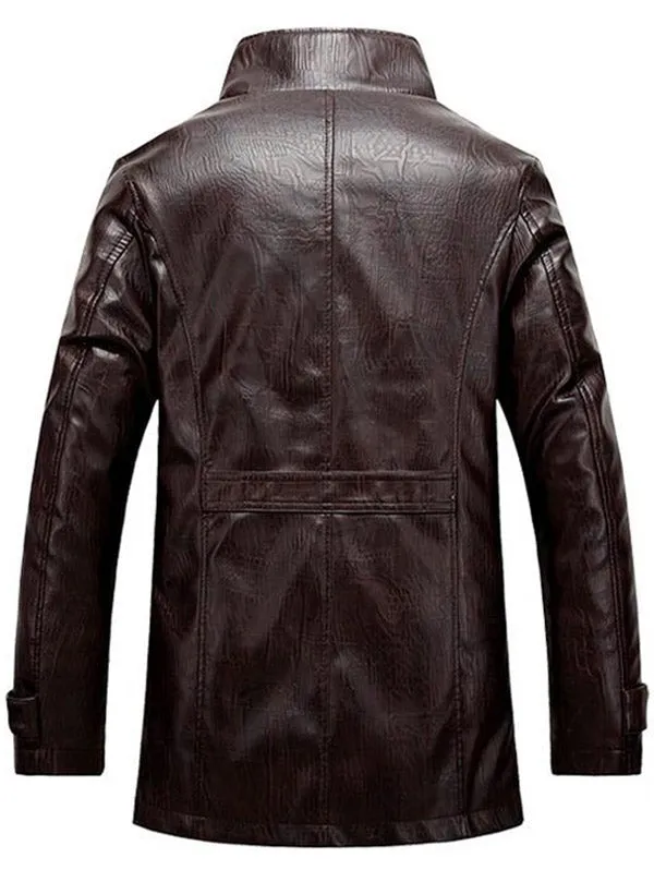 Men's Flocking Single Breasted Stand Collar PU-Leather Jacket
