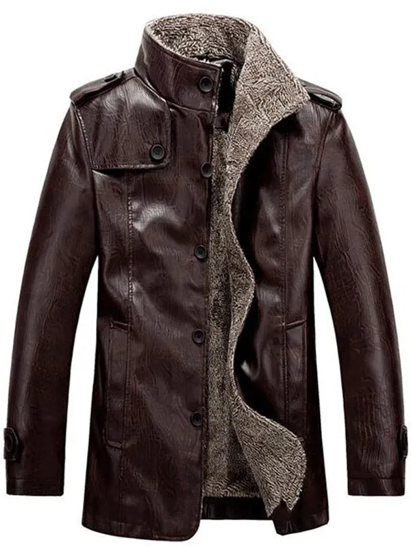 Men's Flocking Single Breasted Stand Collar PU-Leather Jacket
