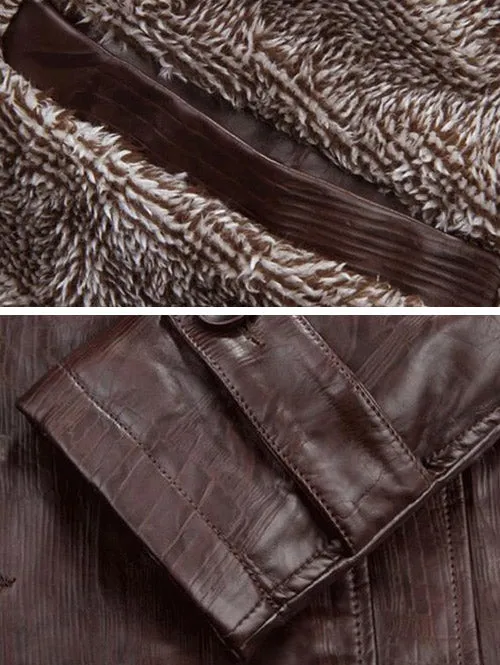 Men's Flocking Single Breasted Stand Collar PU-Leather Jacket