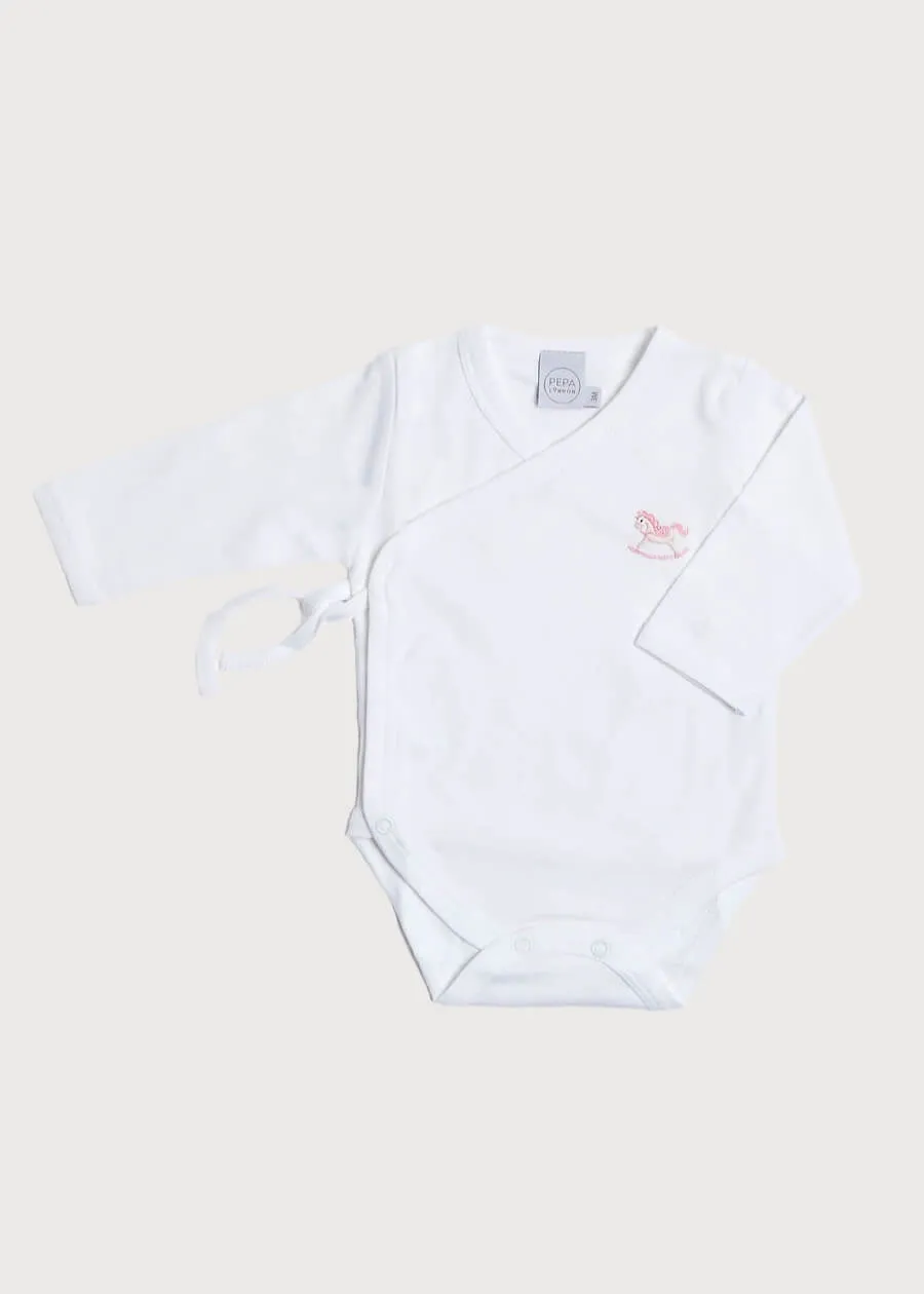 Newborn Side Tie Bodysuit With Rocking Horse Embroidery Pink (1-6mths)