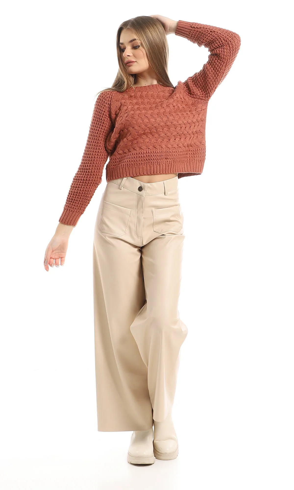 O157158 Trendy Wide Leg Leather Trousers With Square Front Pockets - Cream