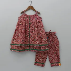 Printed Red Layered Tunic Top With Pant