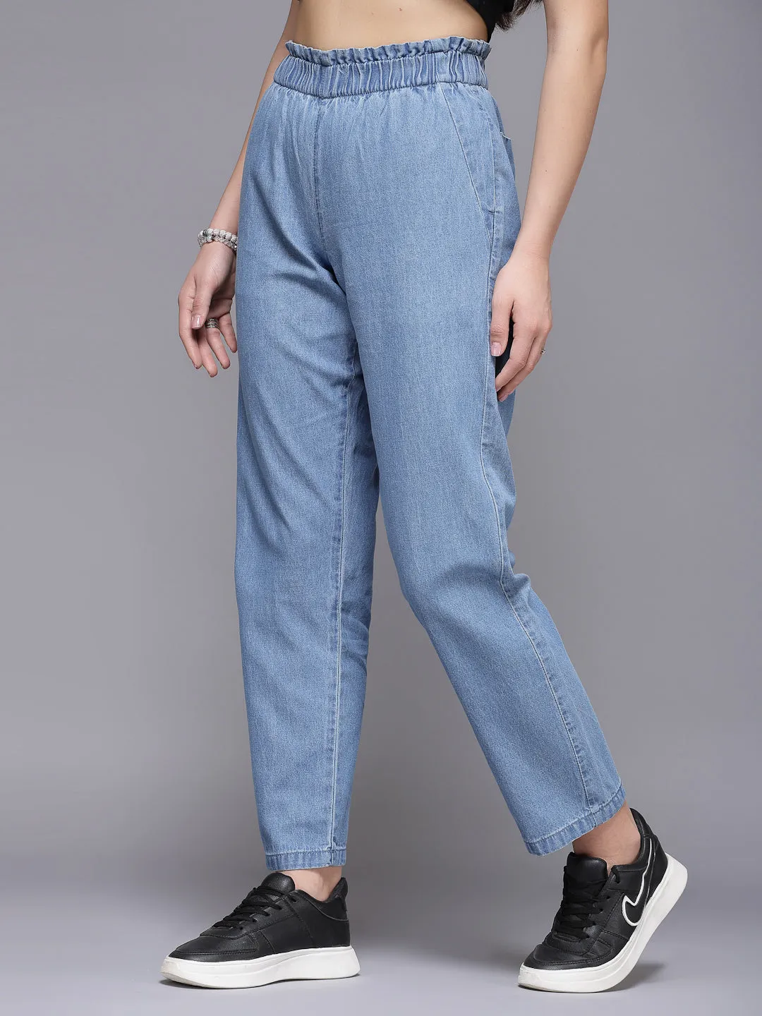 Relaxe Fit Mid Indigo Cotton Denim Jeans For Women