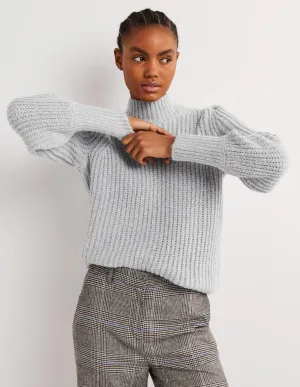 Ribbed Fluffy High Neck Jumper-Grey Melange