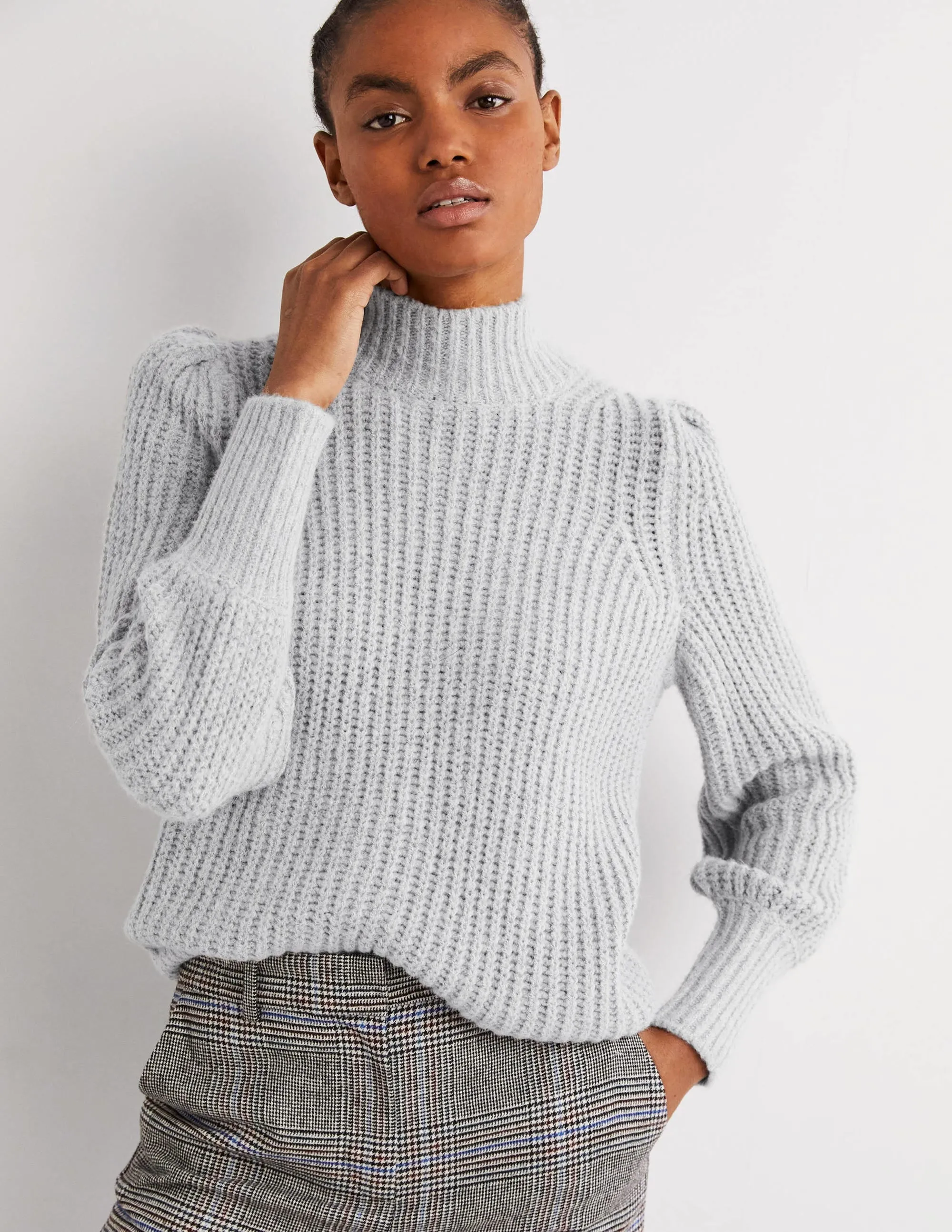 Ribbed Fluffy High Neck Jumper-Grey Melange