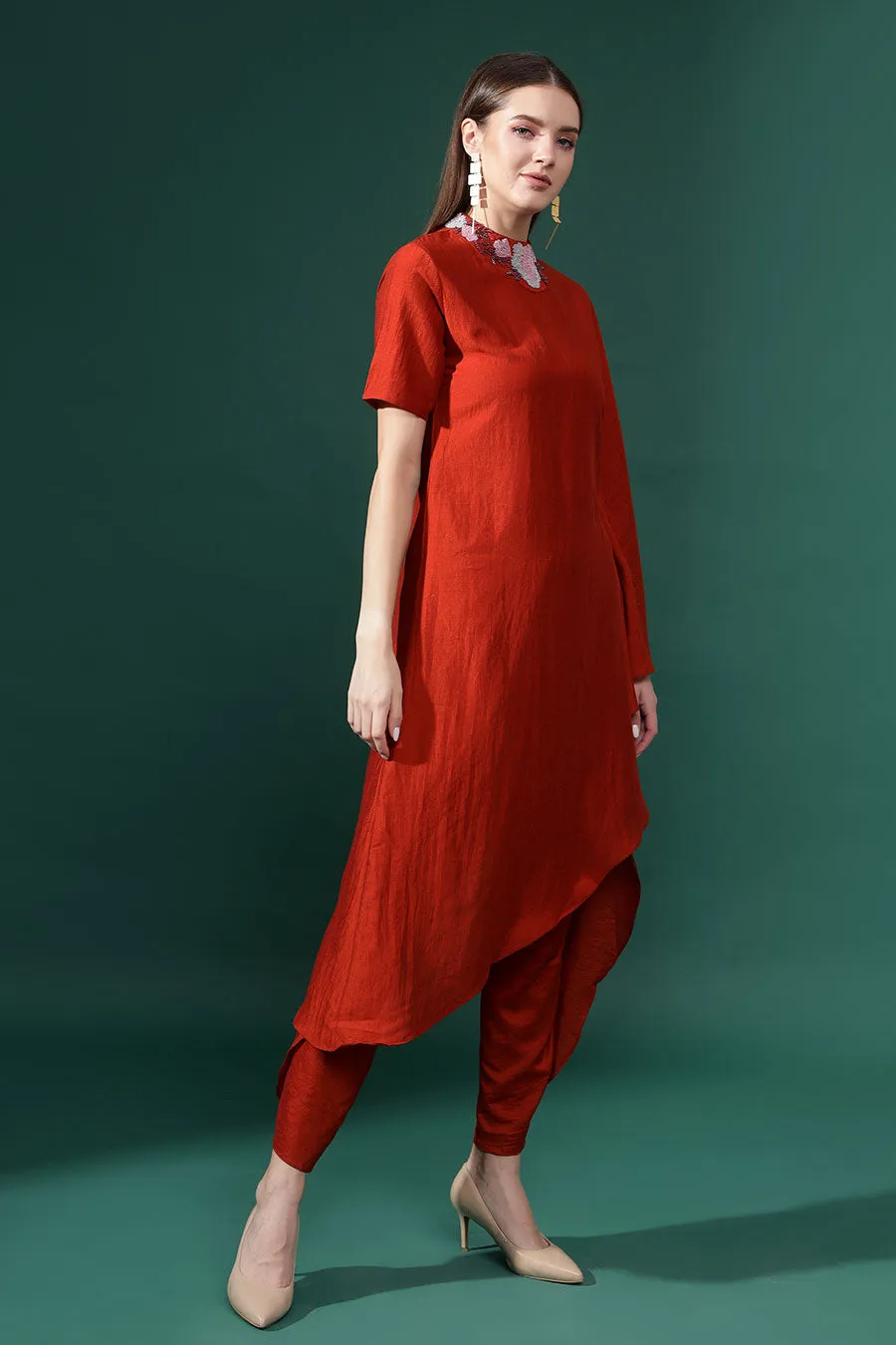Rust Orange Embellished Cotton Silk Co-Ord Set