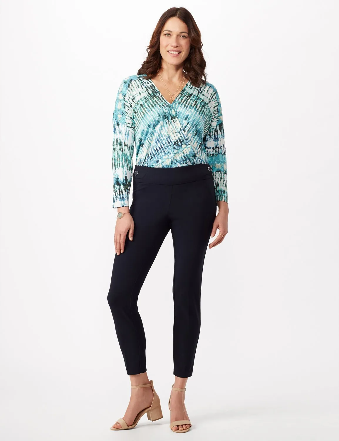 Solid Button Tab  Pull On Pants