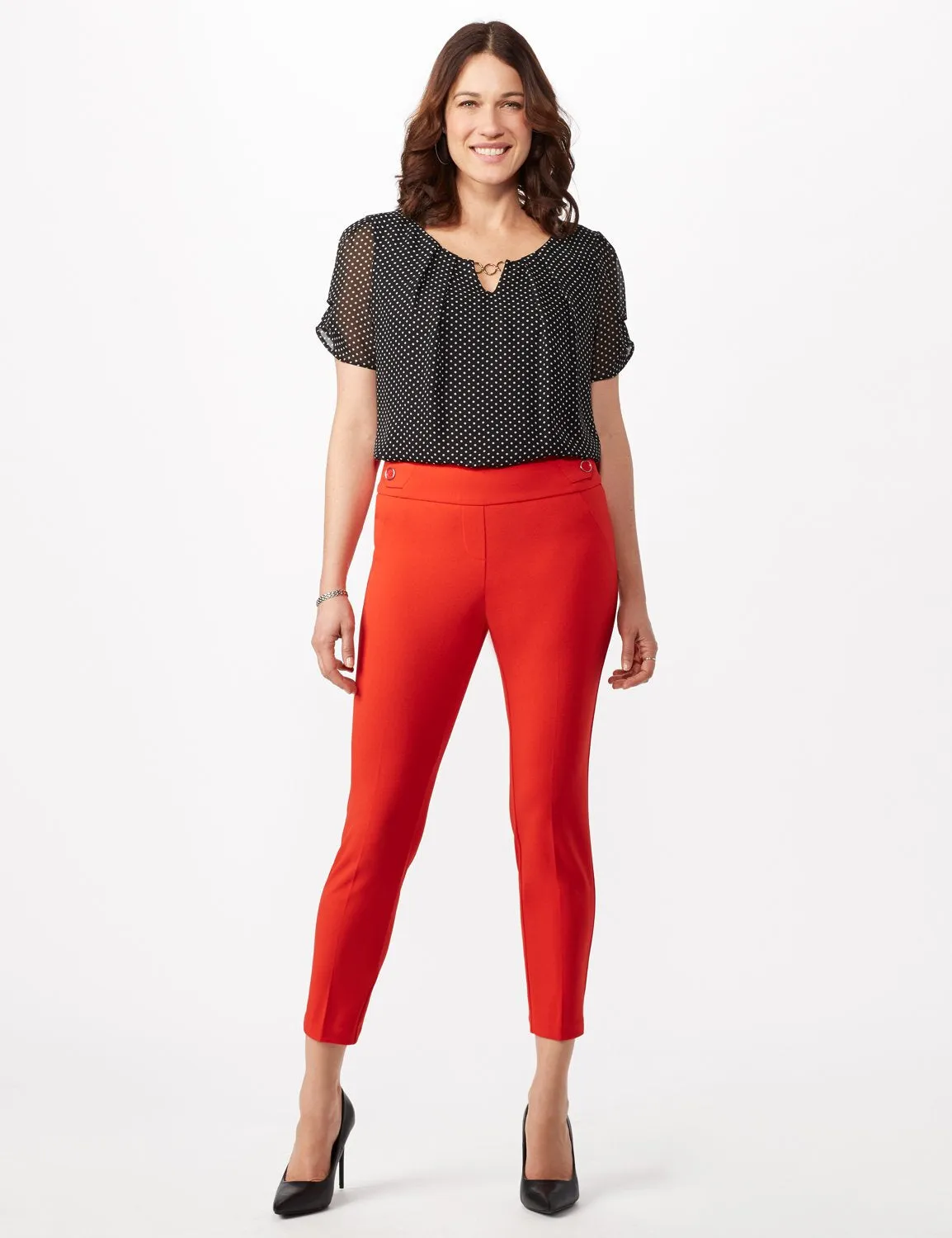Solid Button Tab  Pull On Pants