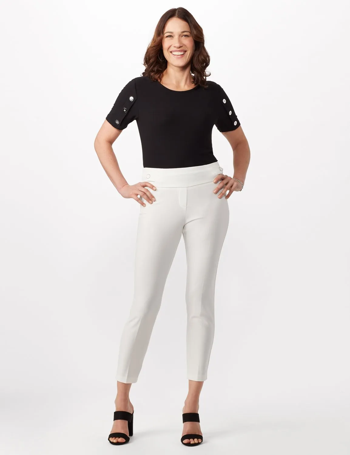 Solid Button Tab  Pull On Pants