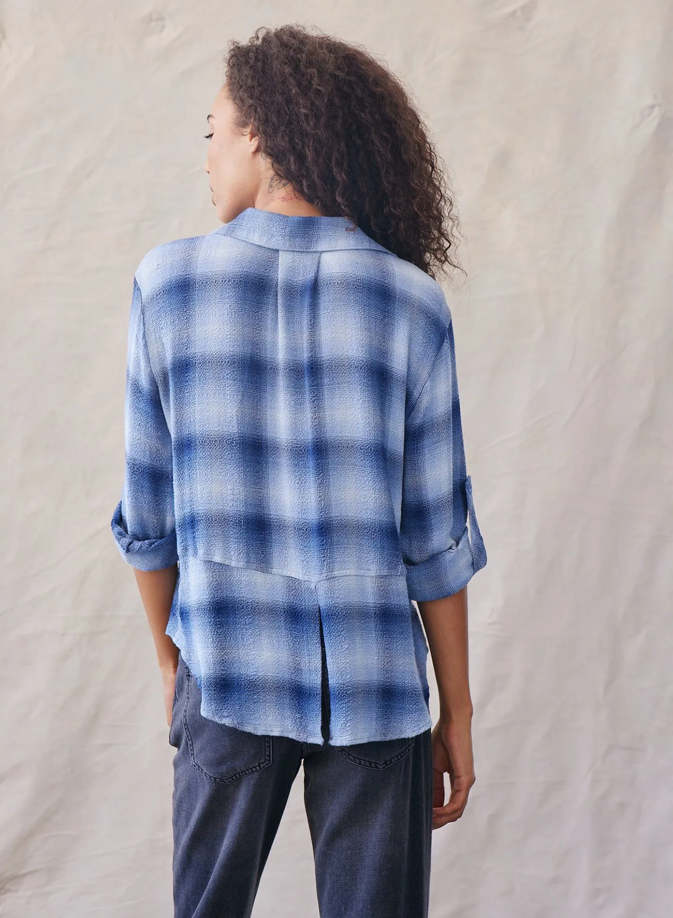 Split Back Button Down - Indigo Heather  Plaid