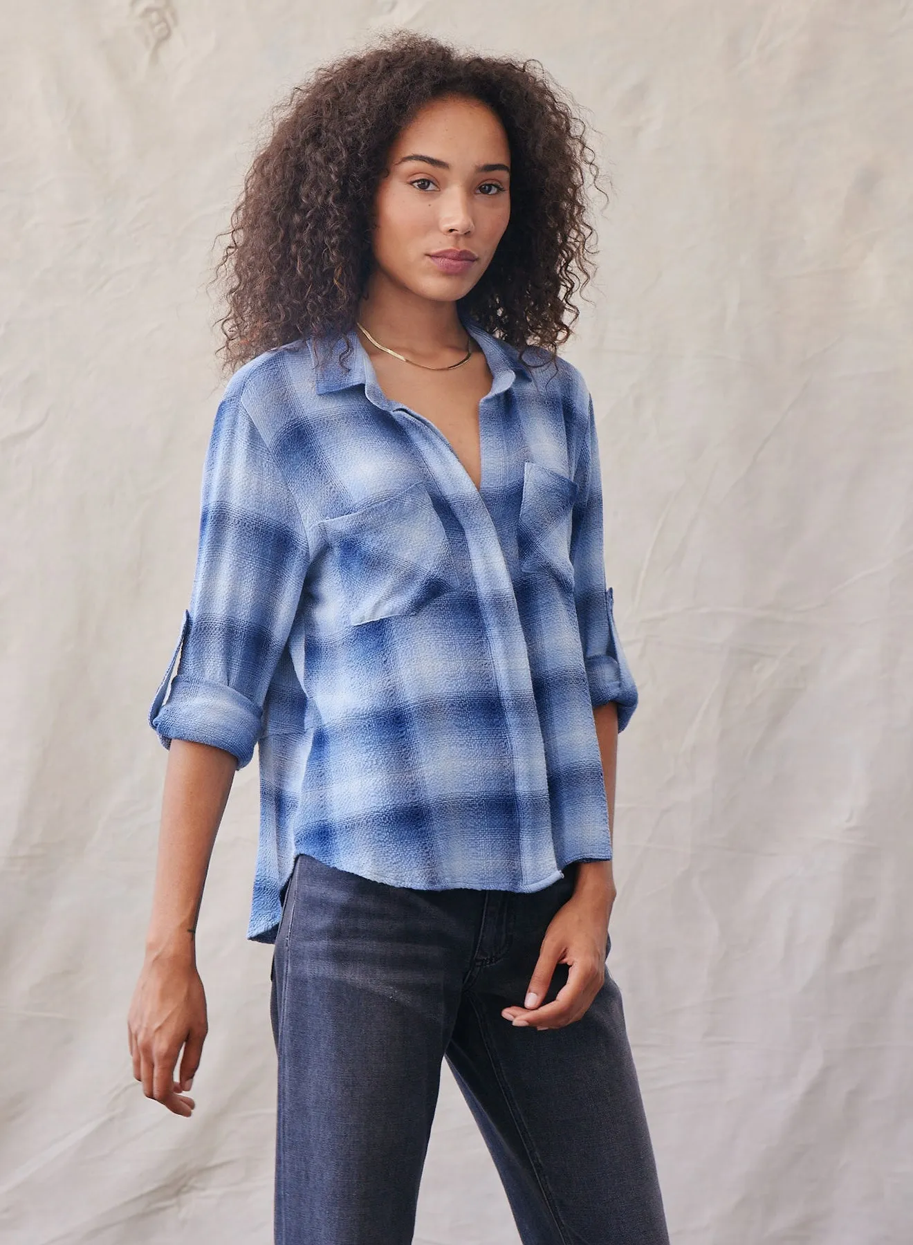 Split Back Button Down - Indigo Heather  Plaid