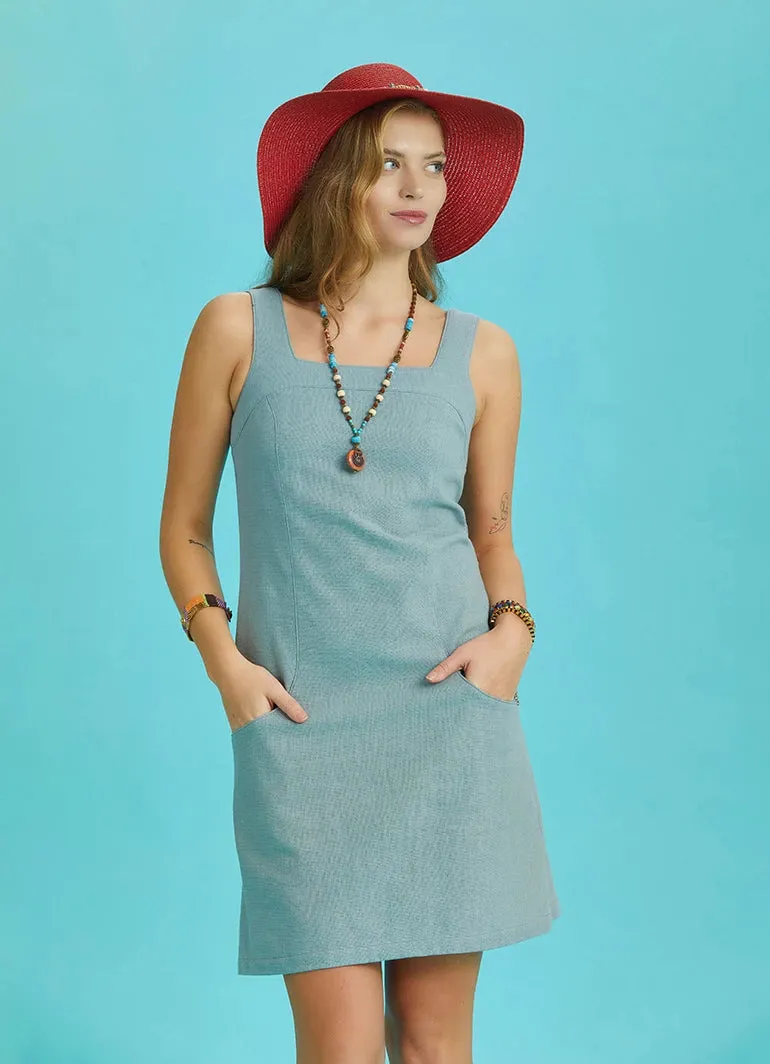 Square Neck Pocket Zipper Strap Mini Blue Dress