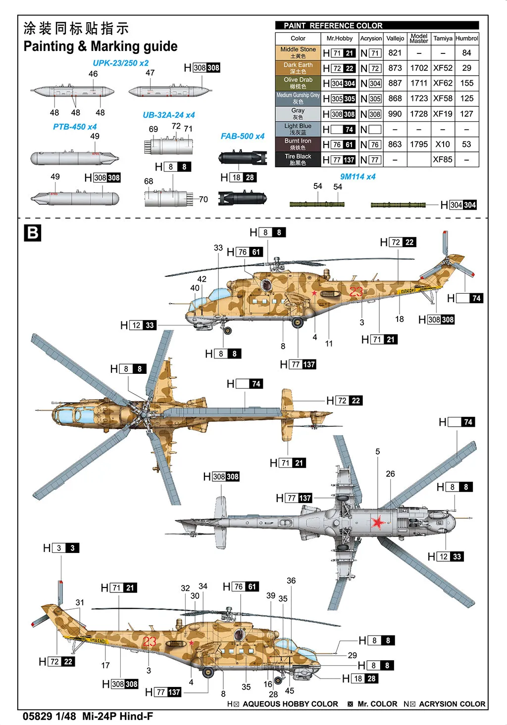 Trumpeter 05829 1/48 Mil Mi-24P Hind F Russian Attack Helicopter kit