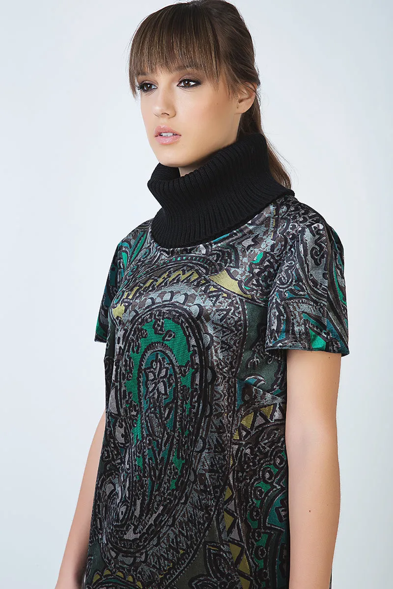 Turtleneck A Line Print Dress