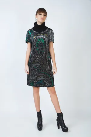 Turtleneck A Line Print Dress