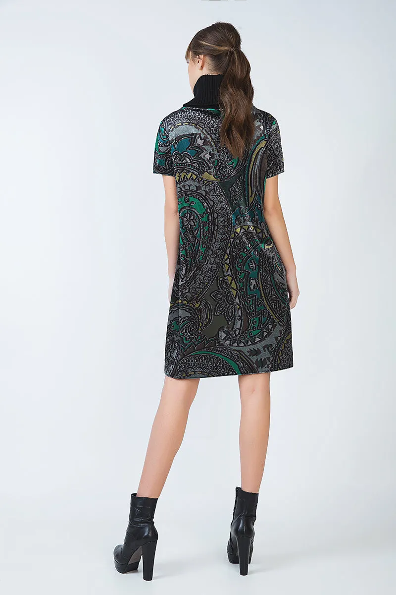 Turtleneck A Line Print Dress