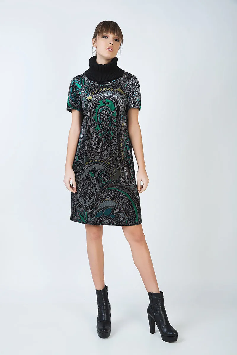 Turtleneck A Line Print Dress