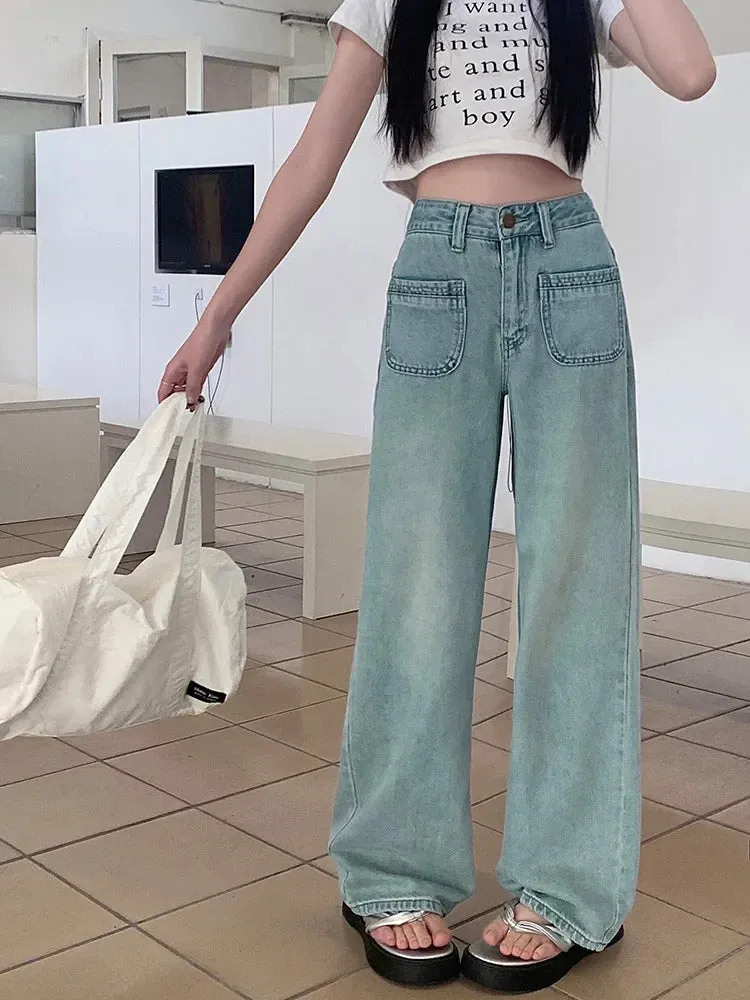 Vintage Blue Baggy Denim Long Women Streetwear High Waist Straight Wide Leg Jeans