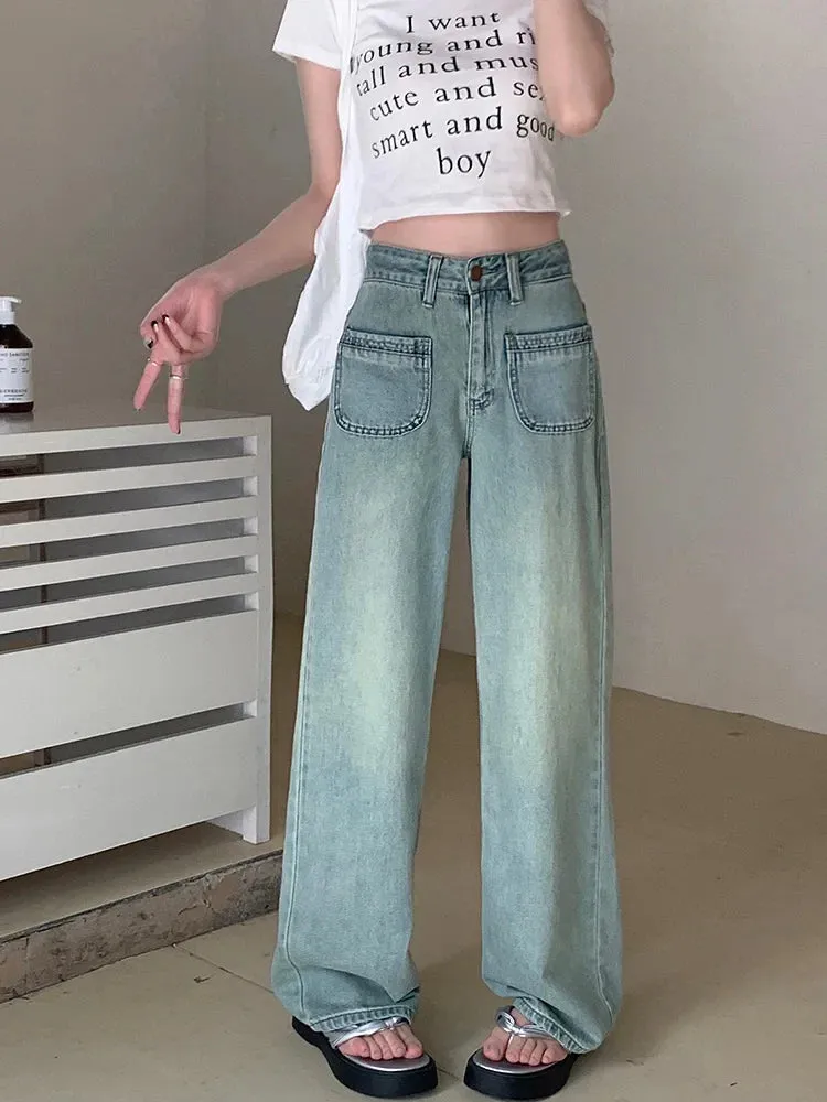 Vintage Blue Baggy Denim Long Women Streetwear High Waist Straight Wide Leg Jeans