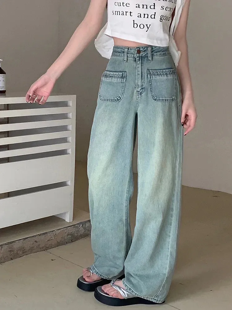 Vintage Blue Baggy Denim Long Women Streetwear High Waist Straight Wide Leg Jeans