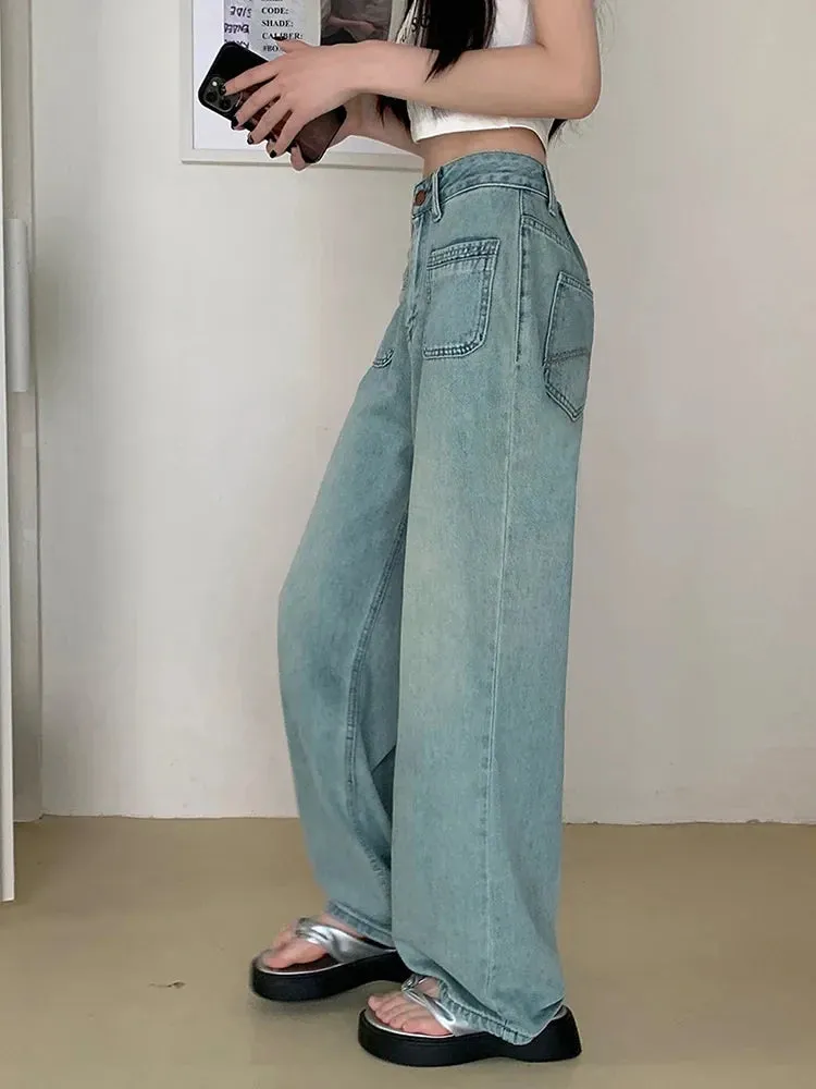 Vintage Blue Baggy Denim Long Women Streetwear High Waist Straight Wide Leg Jeans
